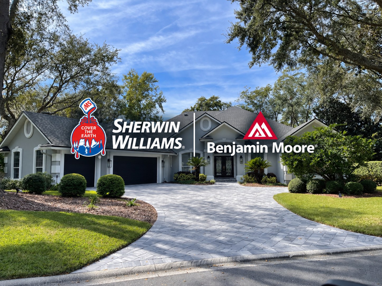 A New Leaf exterior repaint on a Jacksonville home, with the Sherwin-Williams and Benjamin Moore marks